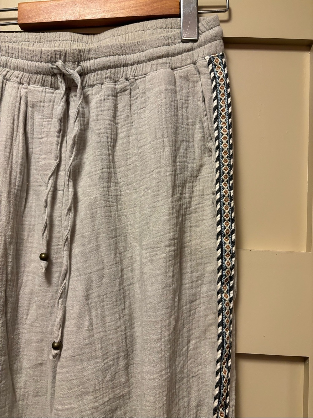 LUNA MOON Boho Drawstring Jogger Cotton Pant Grey Side Embroidered Stripe Piping